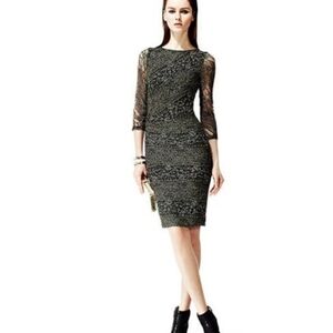 Reiss Ivanka lace pencil dress black cream abstract mesh ruched sheer sleeves 2